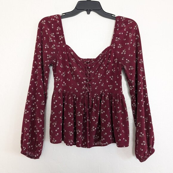 AEROPOSTALE Top Women's S Burgundy Floral Corset Babydoll Pullover Long Sleeve - Picture 7 of 16